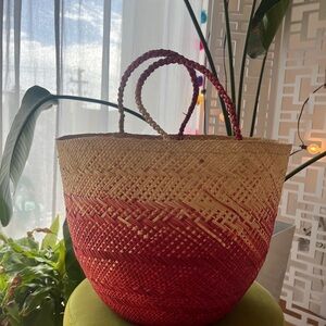 Red and Natural Straw Tote Bag